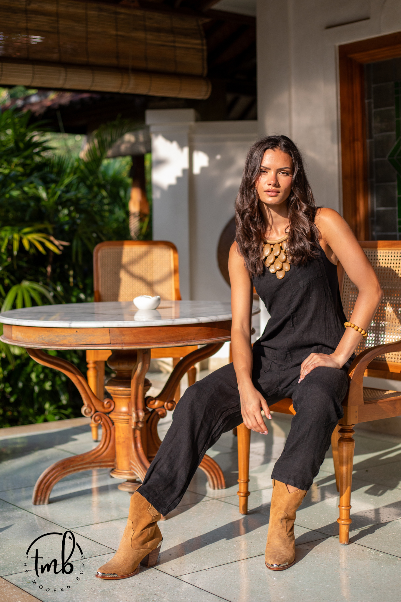 'Cara' Linen Jumpsuit - Black / White / Sand