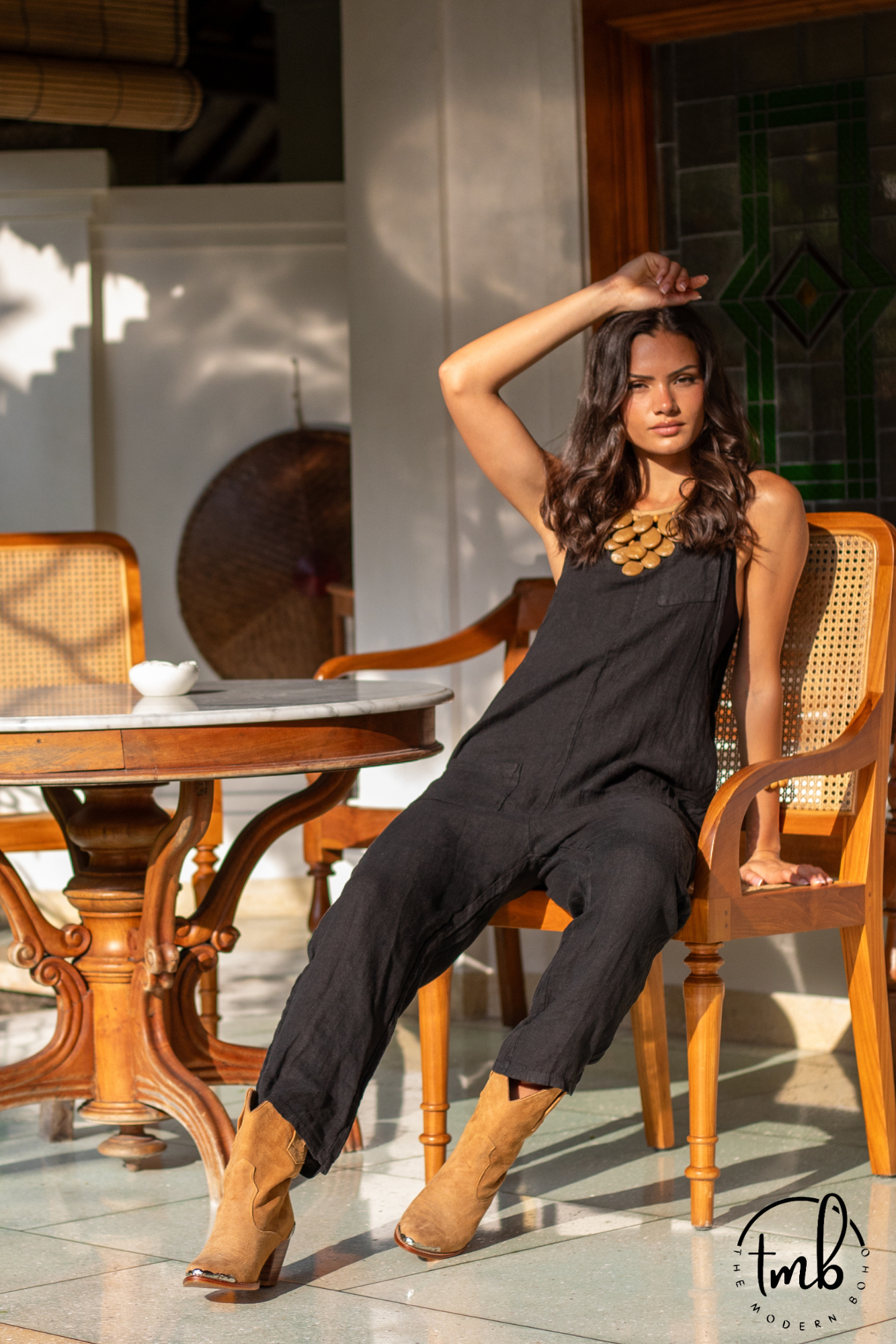 'Cara' Linen Jumpsuit - Black / White / Sand