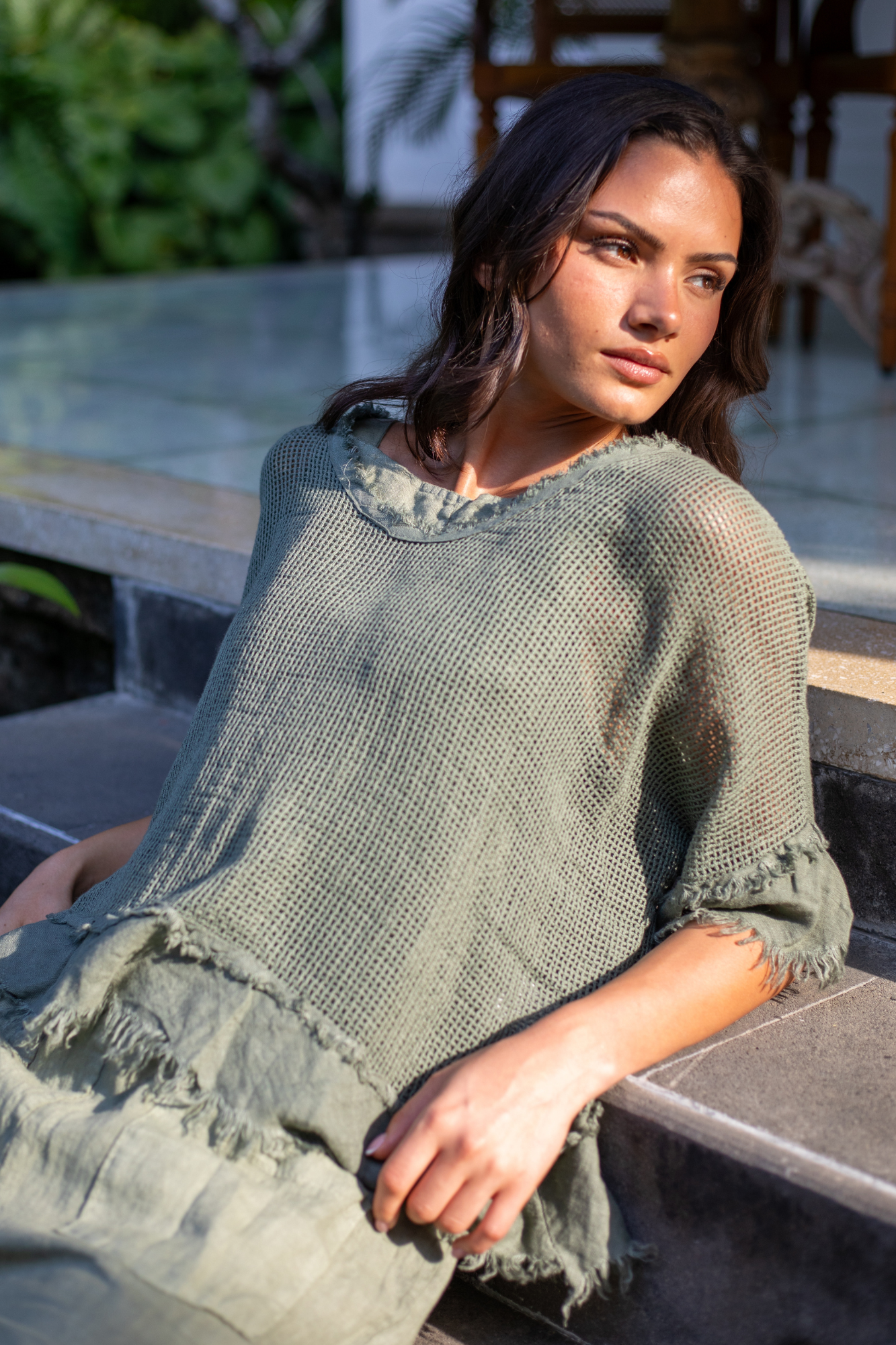 'Isla' Mesh Overlay Linen Top