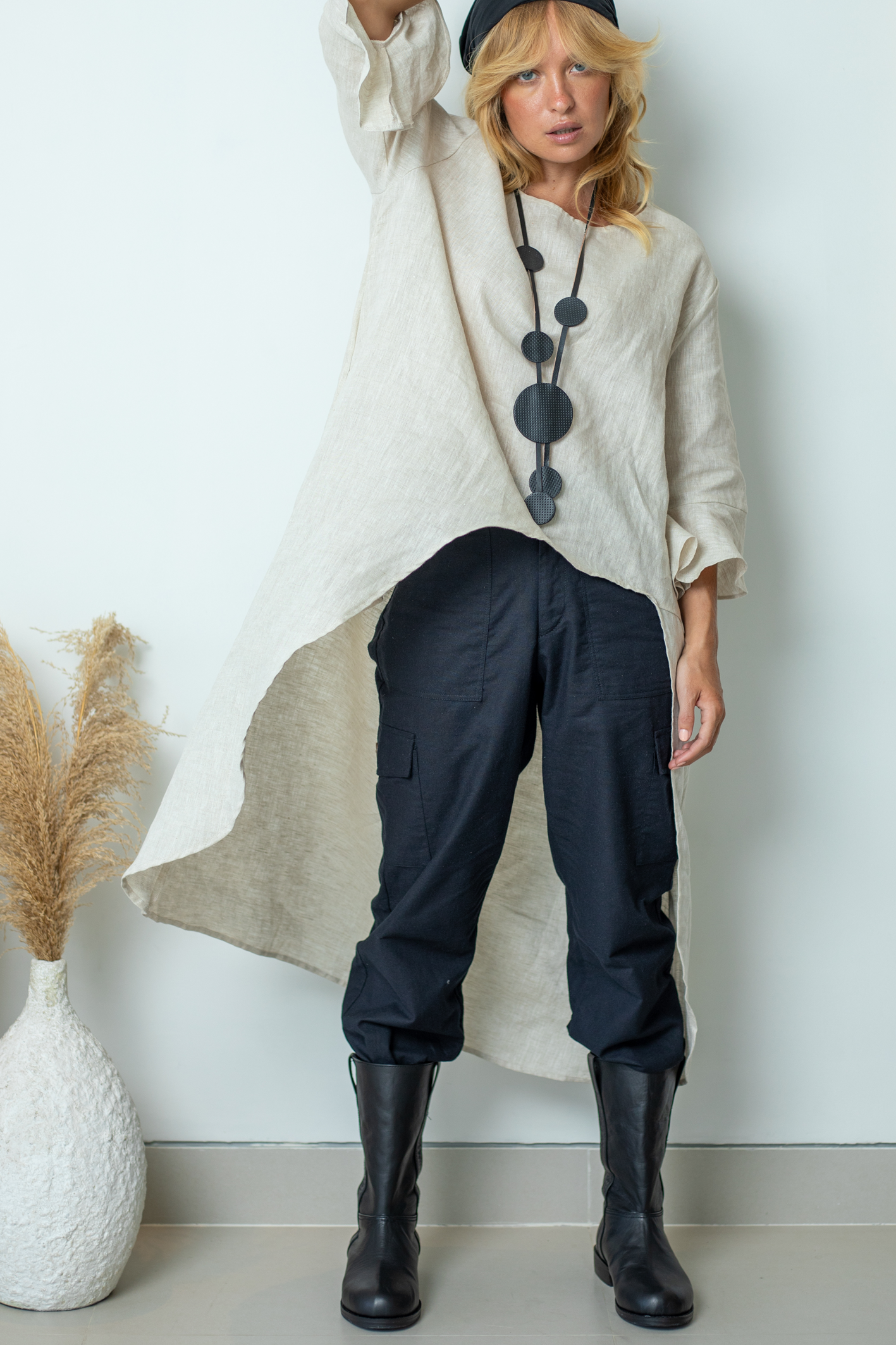 'Florence' Long Sleeve Linen Top - Natural