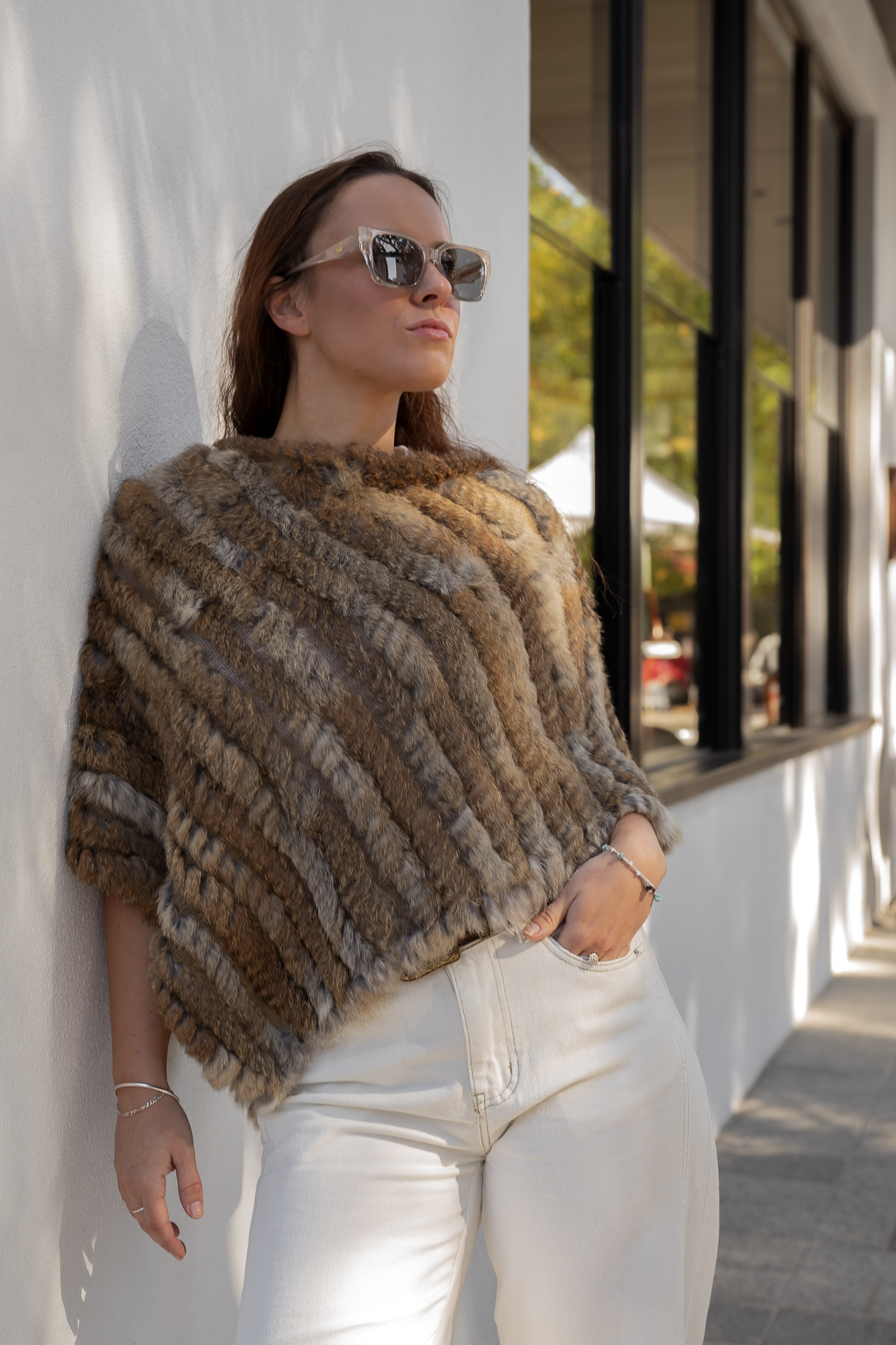 'Milan' Genuine Fur Poncho - Camel