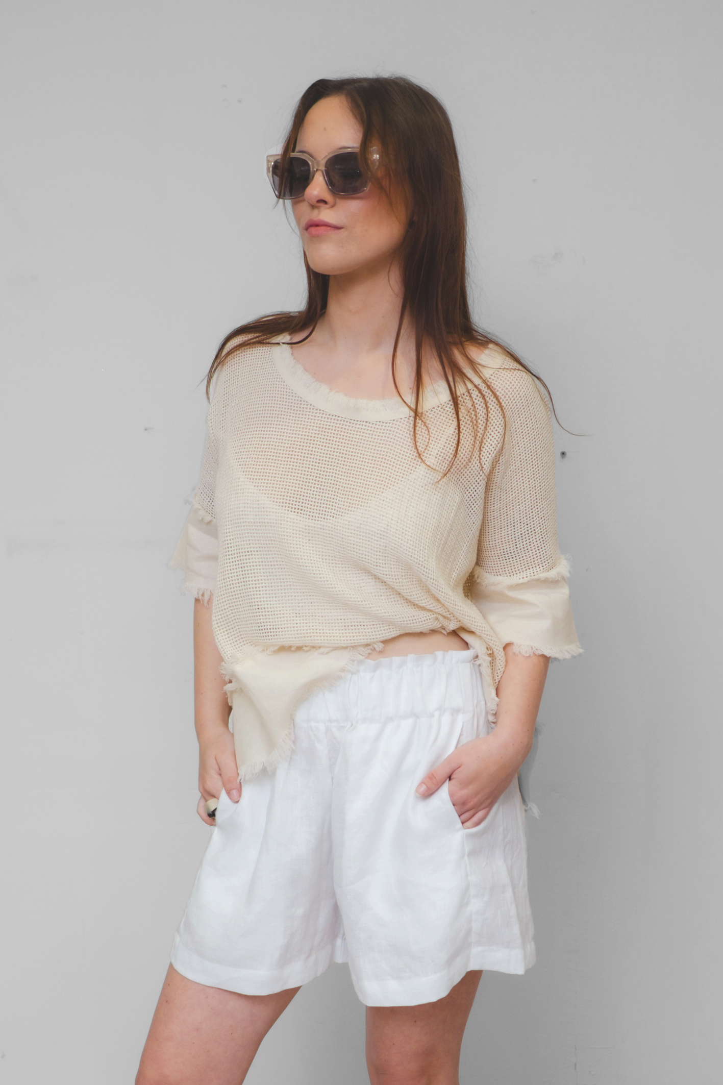 'Isla' Mesh Overlay Linen Top