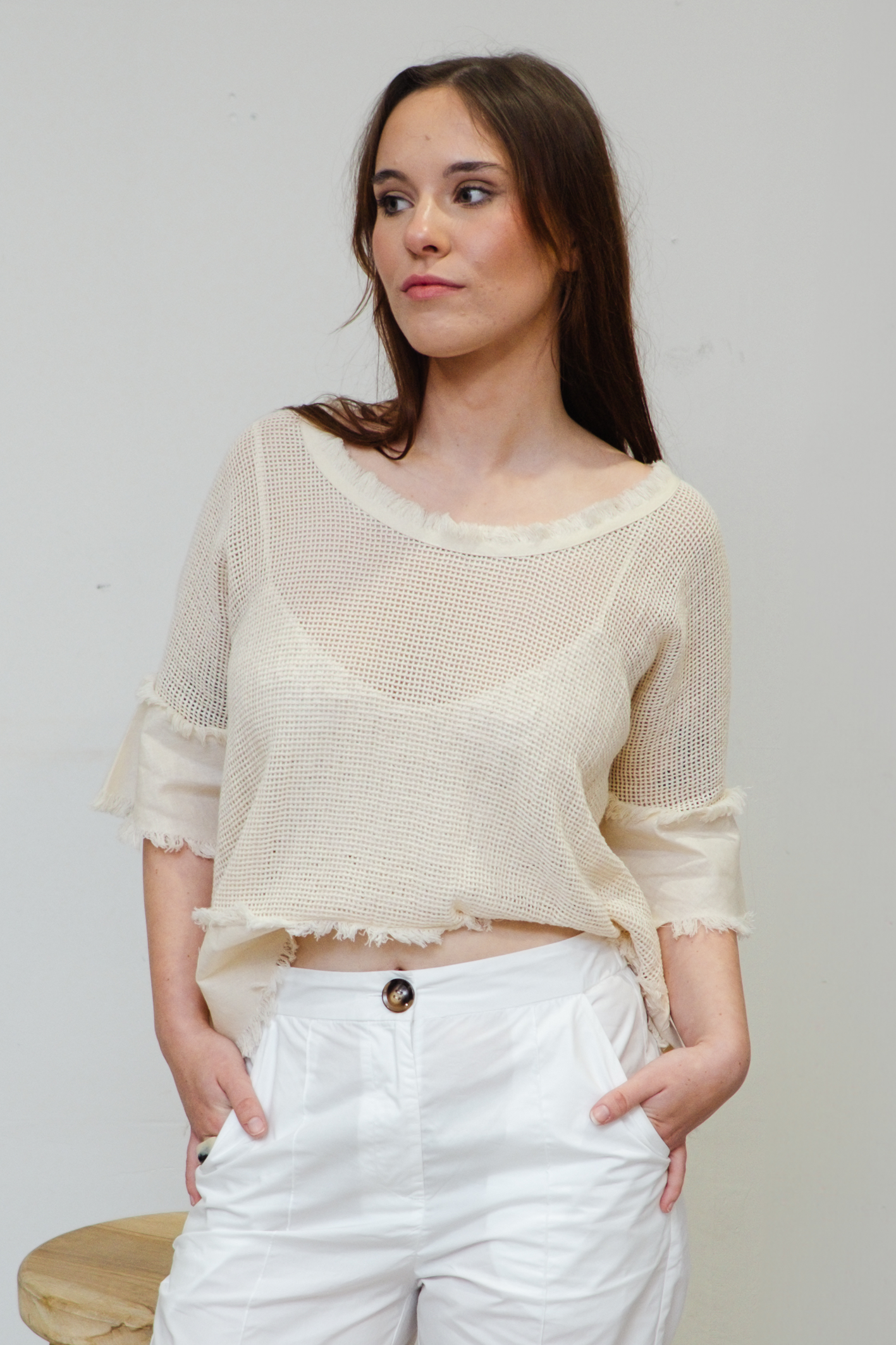 'Isla' Mesh Overlay Linen Top