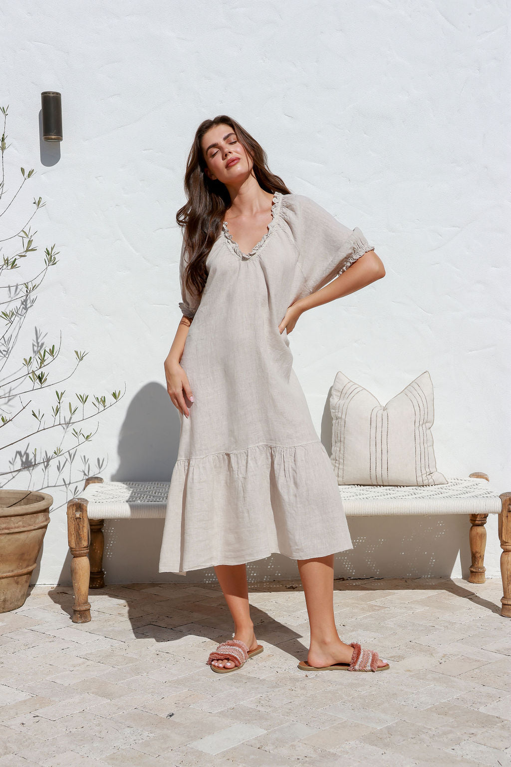 'Jenny' Linen Dress - Olive/Sand/Charcoal