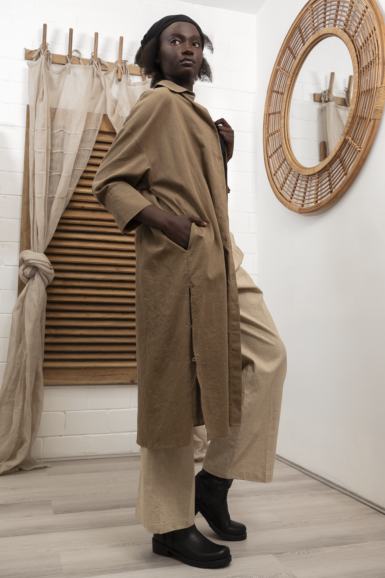 'Nadia' Linen Coat/Dress - Khaki