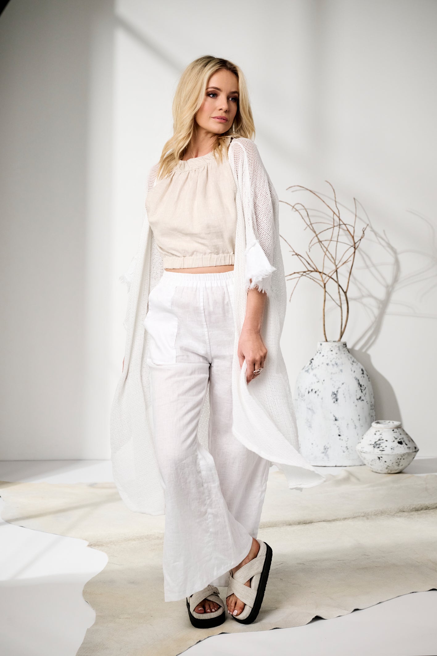 'Ruby' Mesh Long Linen Boho Kimono - White