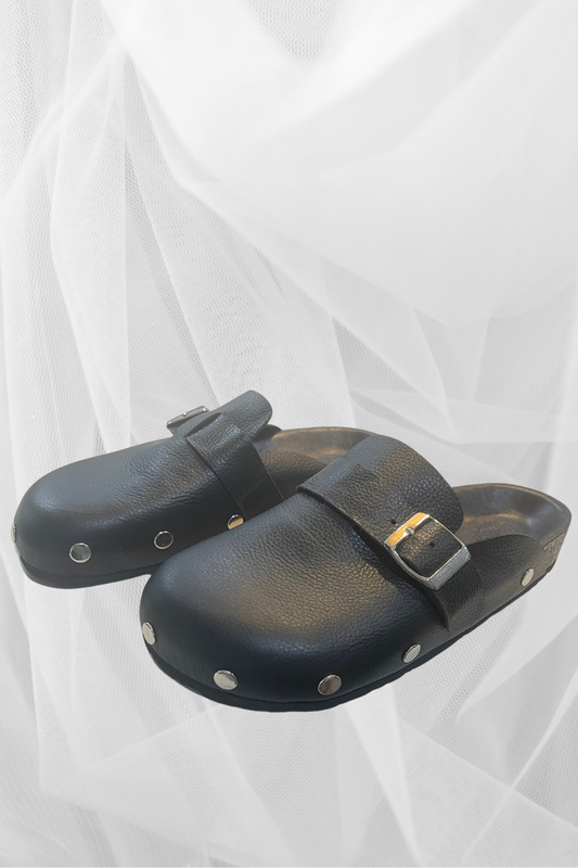 'TMB' Studded Leather Clogs - Black