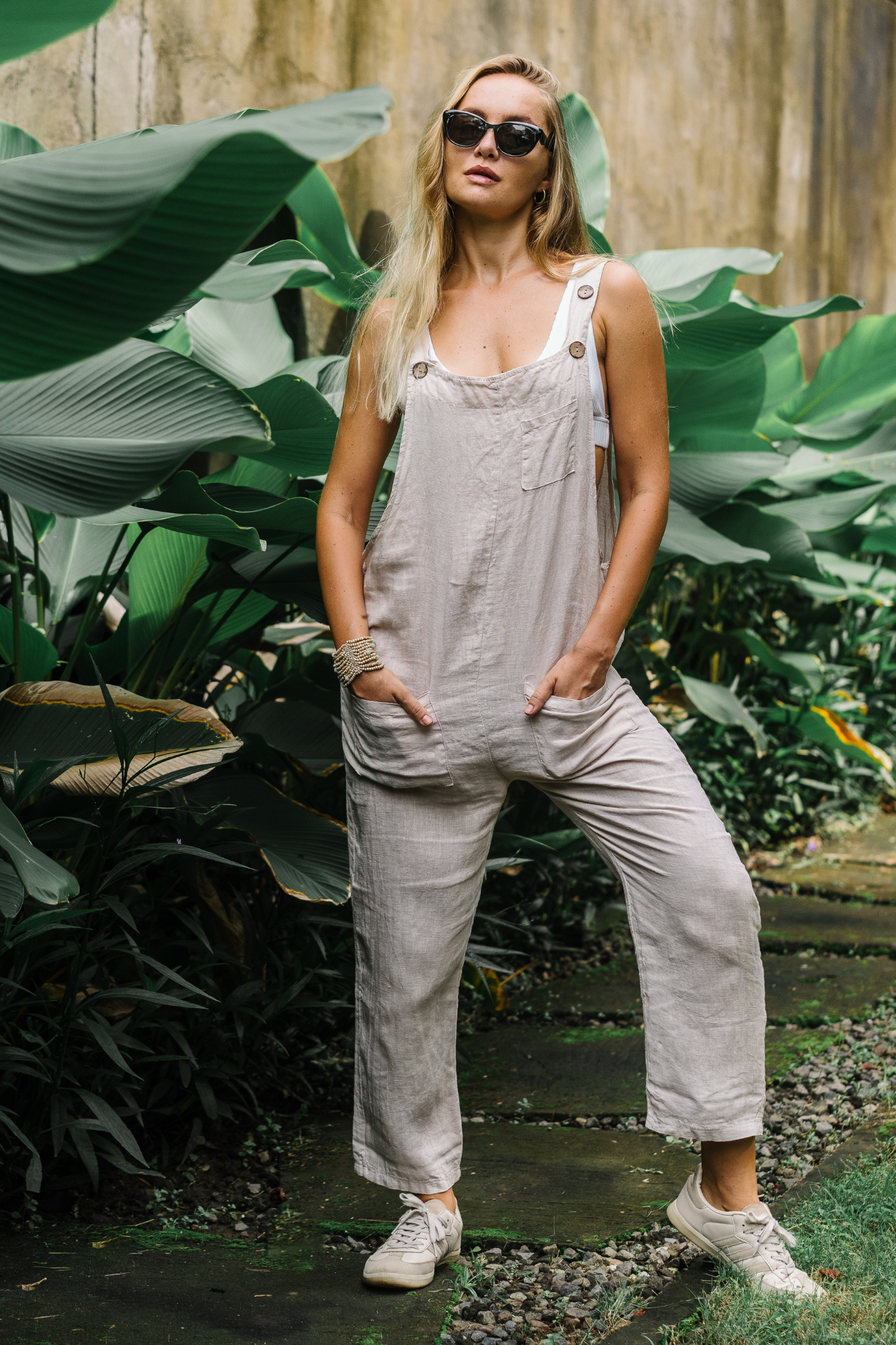 'Cara' Linen Jumpsuit - Black / White / Sand