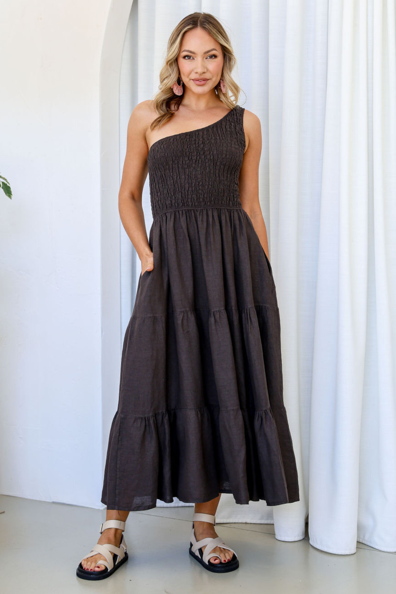 'Zara' One Shoulder Linen Dress - Chocolate