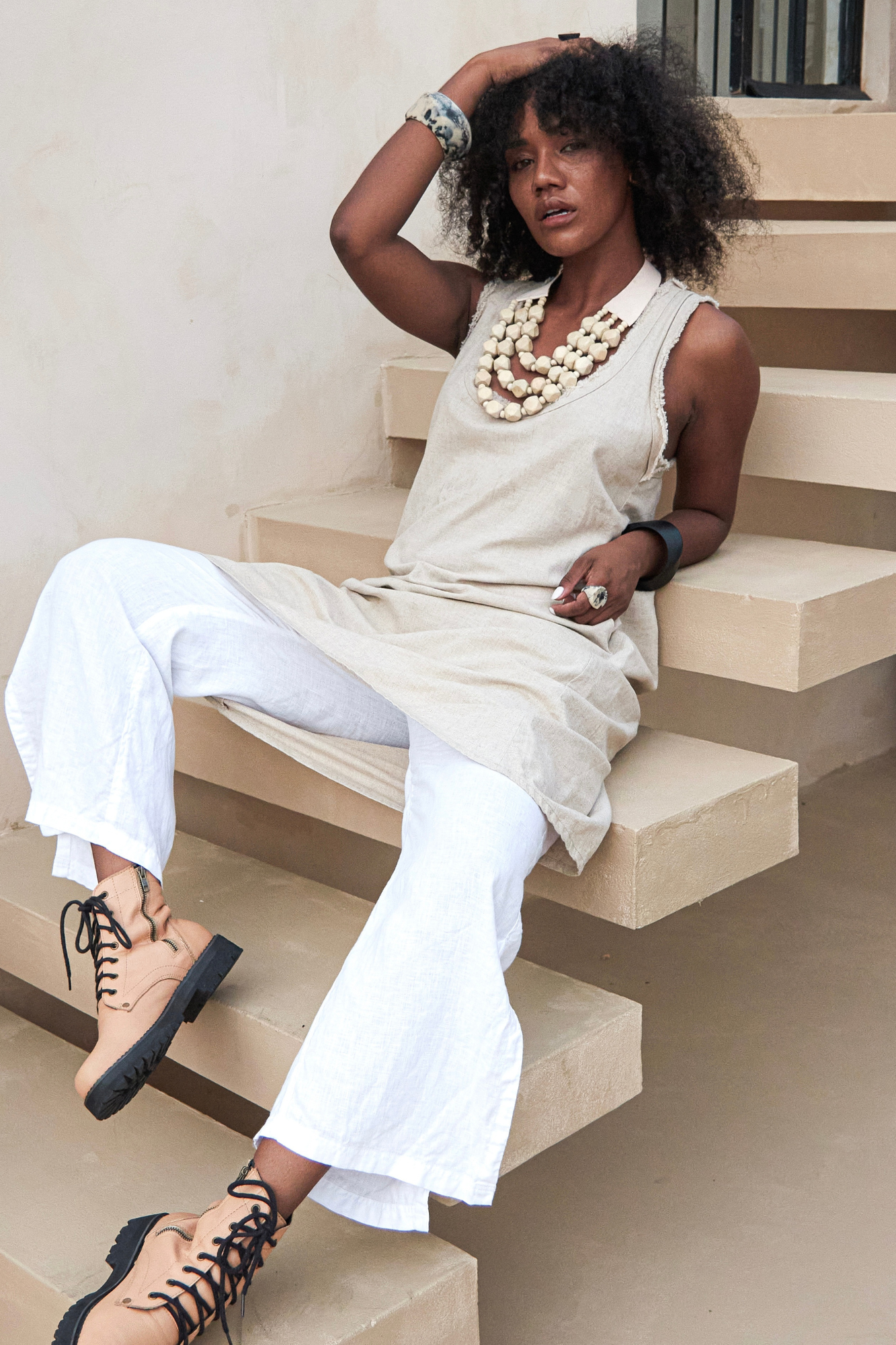 'Cancun' Linen Pant - White/Sand/Black