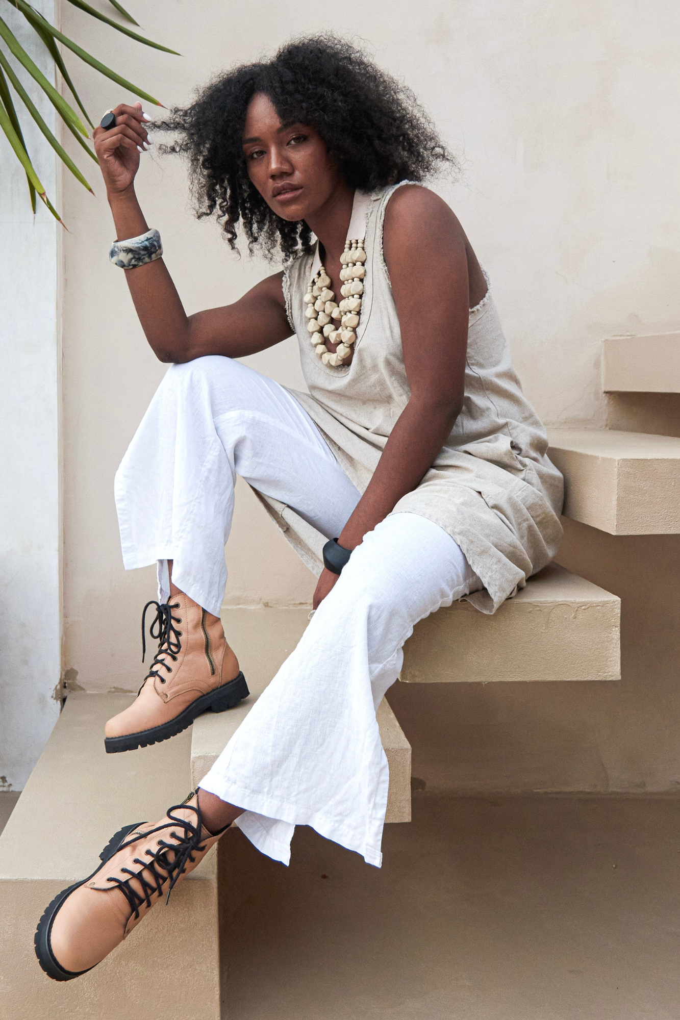 'Cancun' Linen Pant - White/Sand/Black