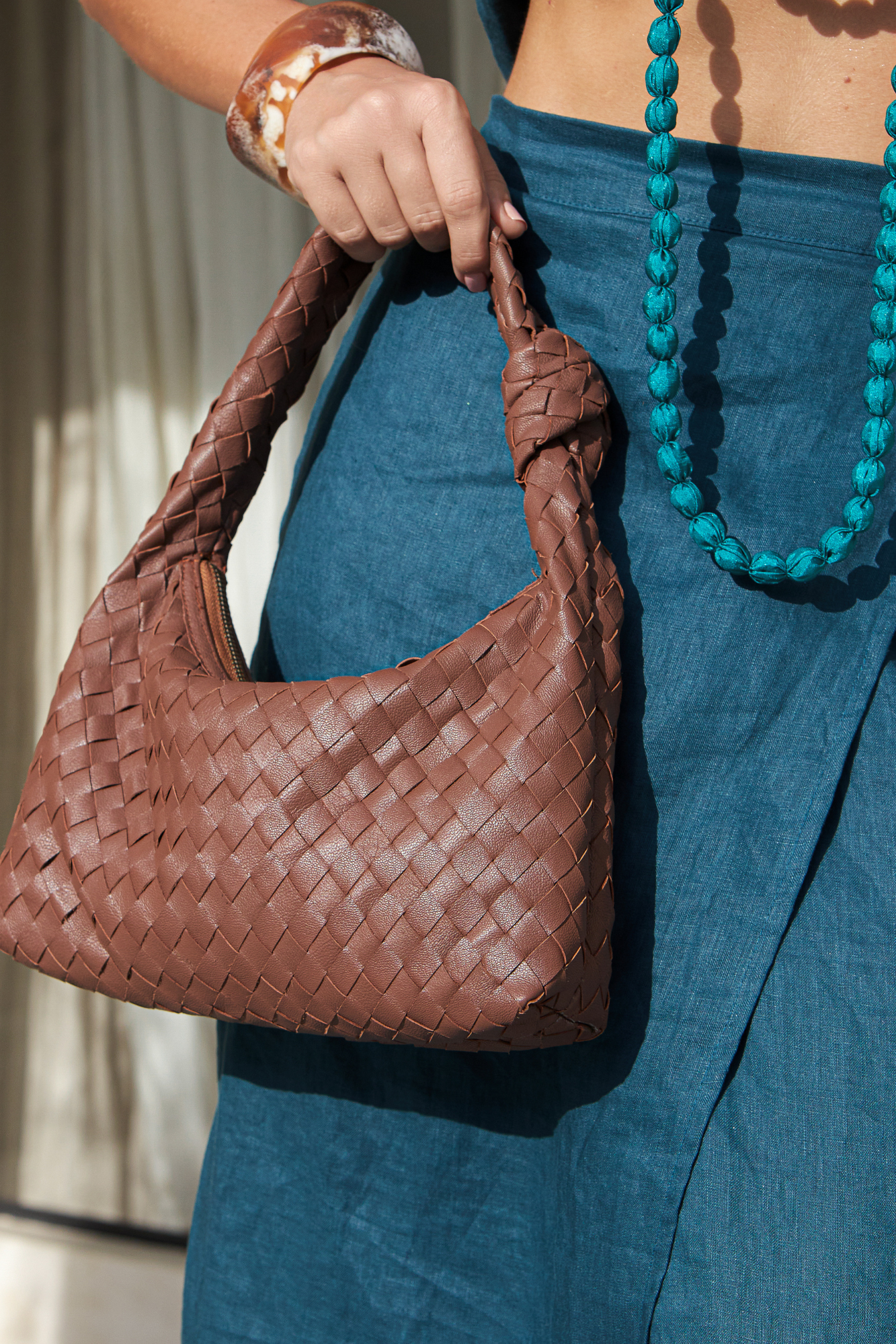 'Chelsea' Plaid Leather Bag - Brown