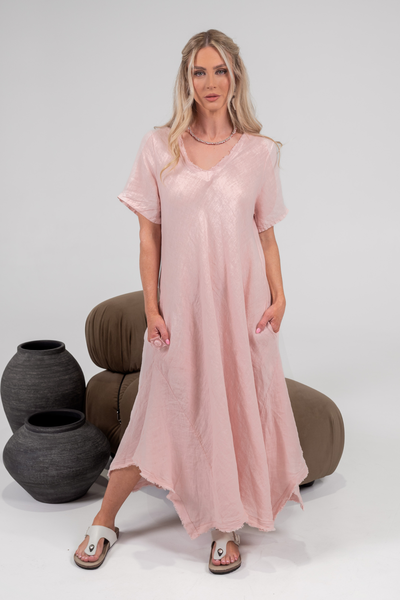 'Rosa' Linen Dress - Blush / White