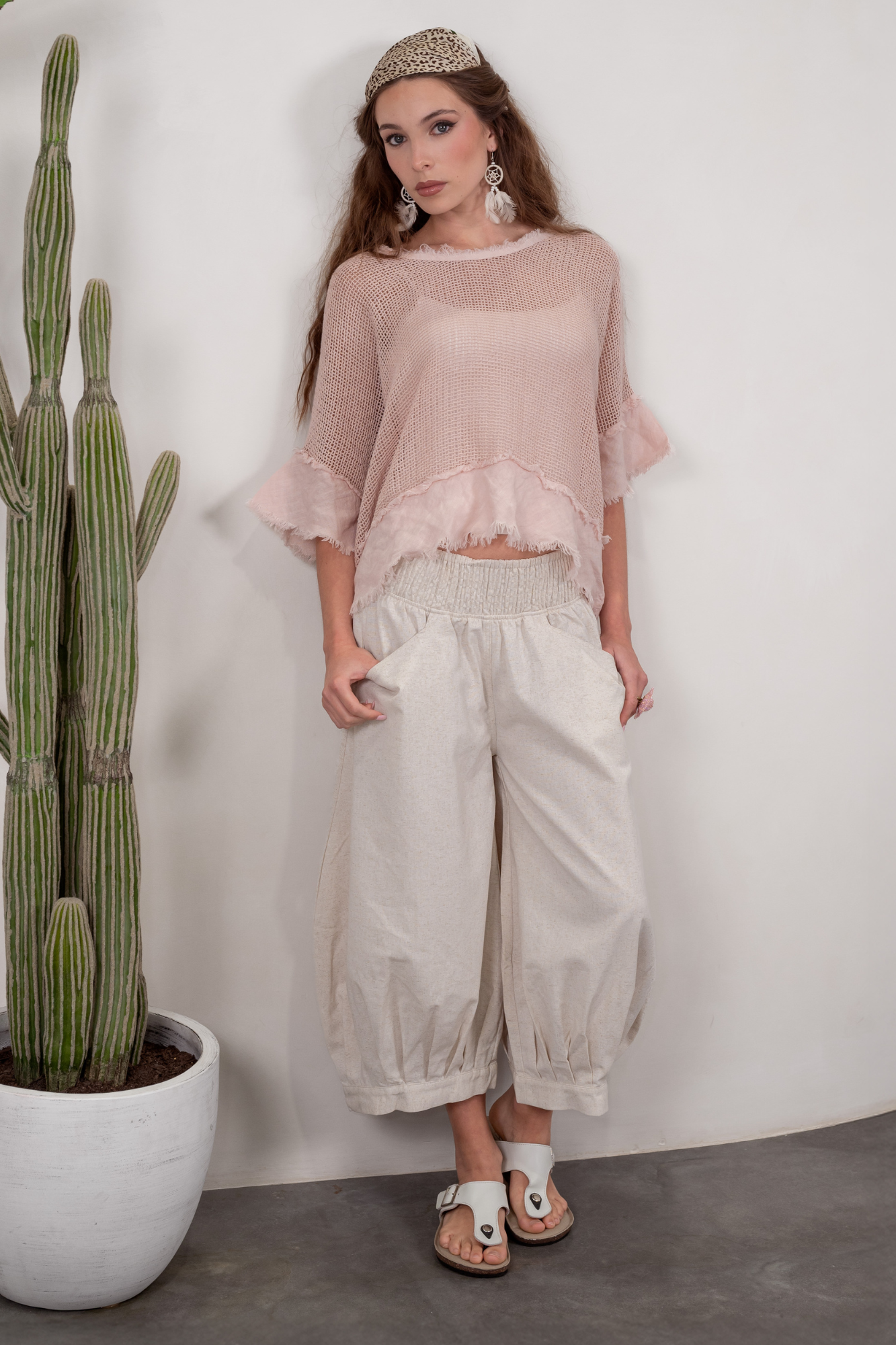 'Isla' Cotton Linen Mesh Top - Blush