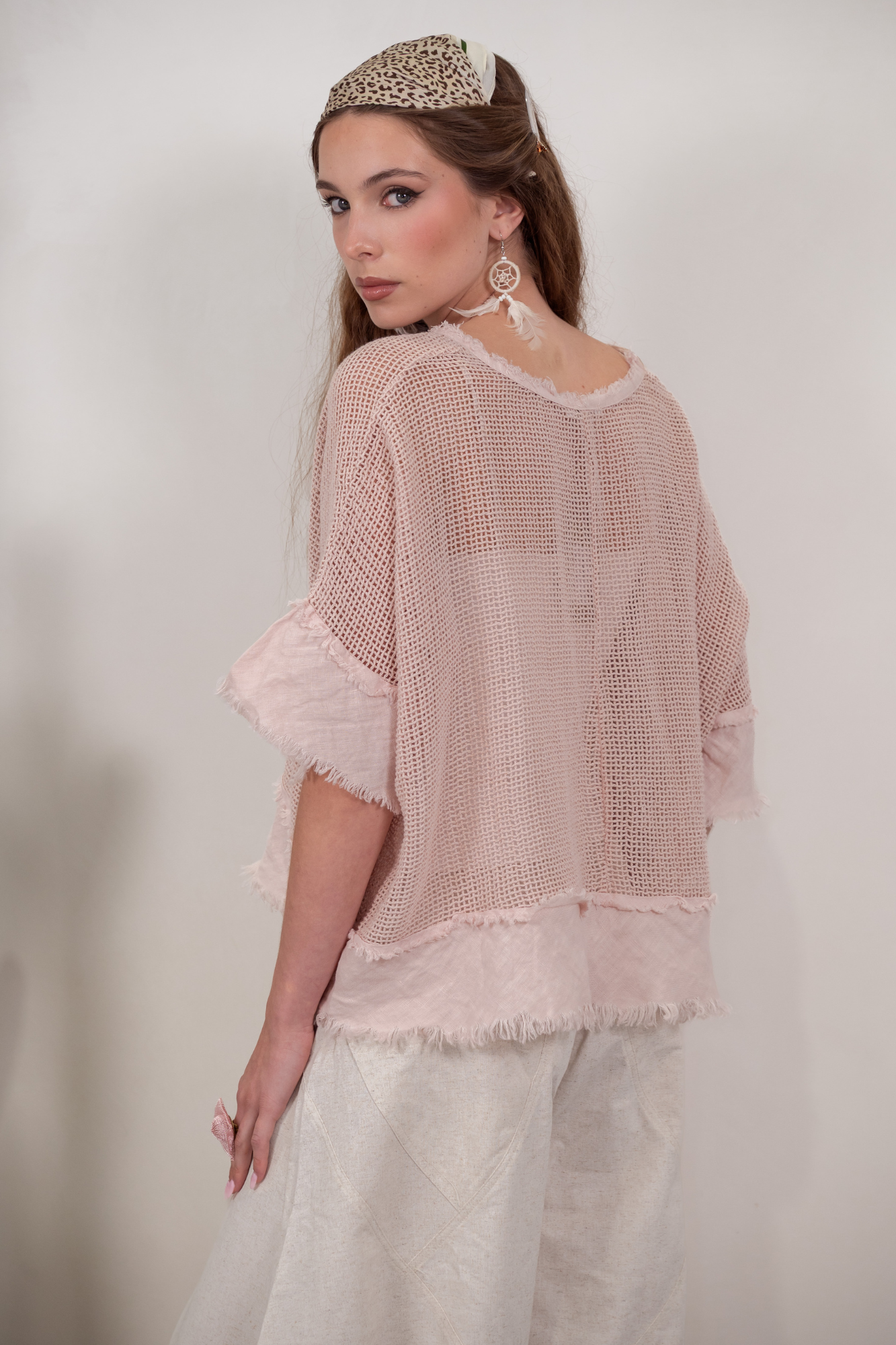 'Isla' Cotton Linen Mesh Top - Blush