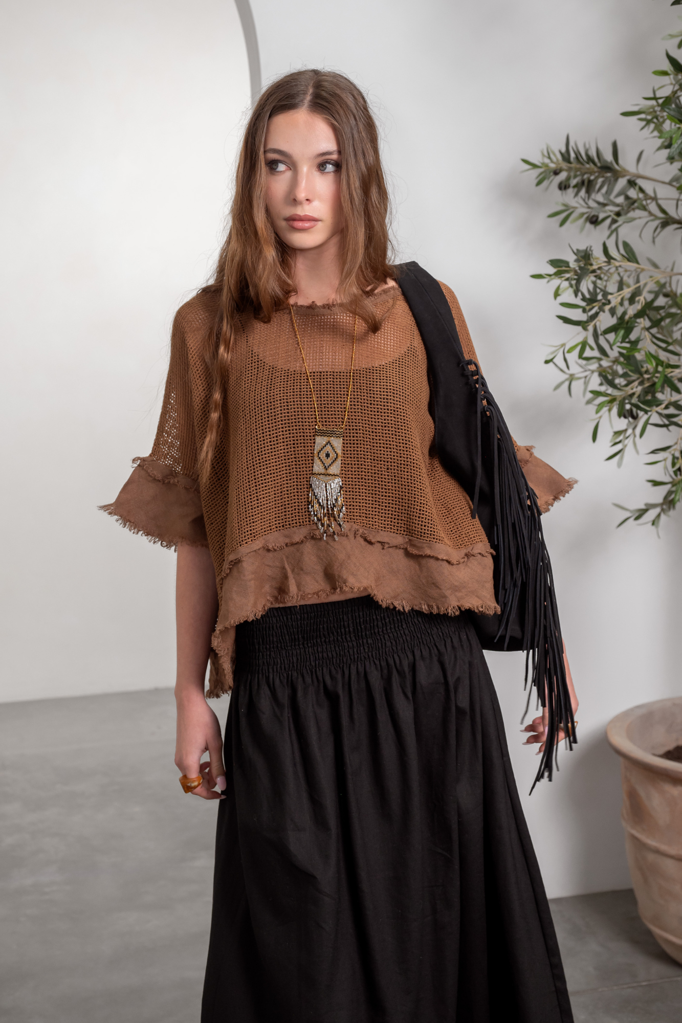 'Isla' Cotton Linen Top - Cocoa