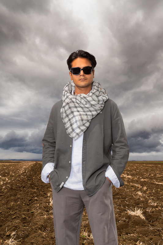 'TMB' Linen Scarf - White/Grey