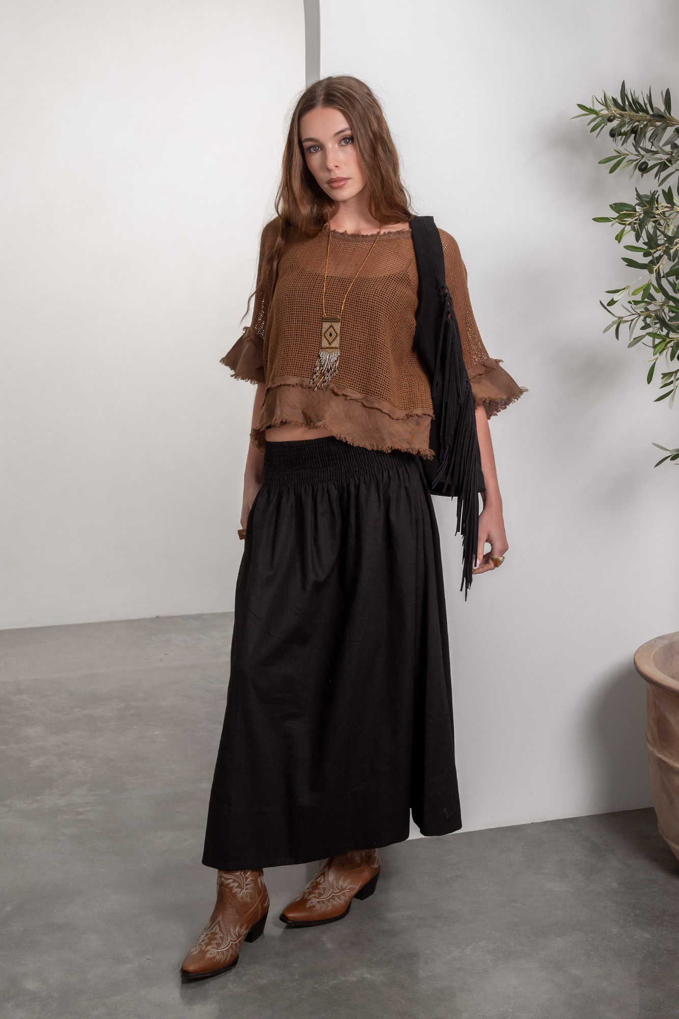 'Isla' Cotton Linen Top - Cocoa