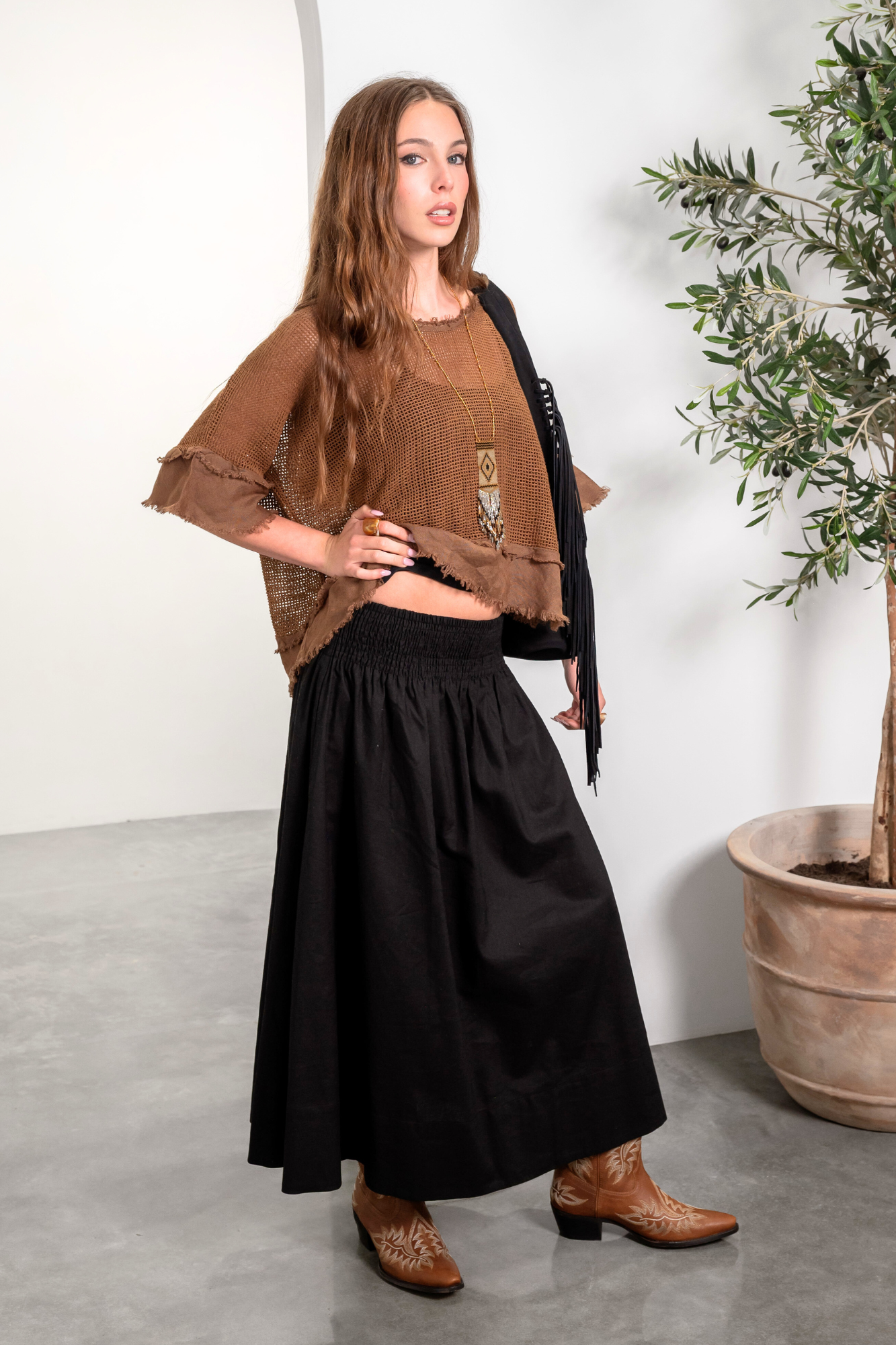 'Isla' Cotton Linen Top - Cocoa