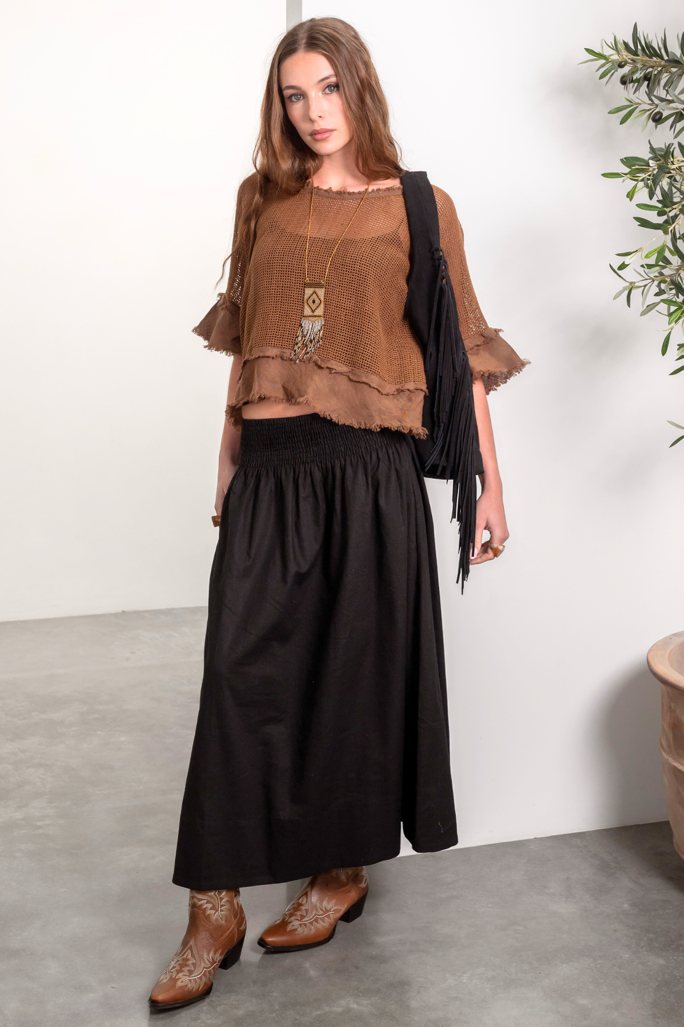 'Isla' Cotton Linen Top - Cocoa