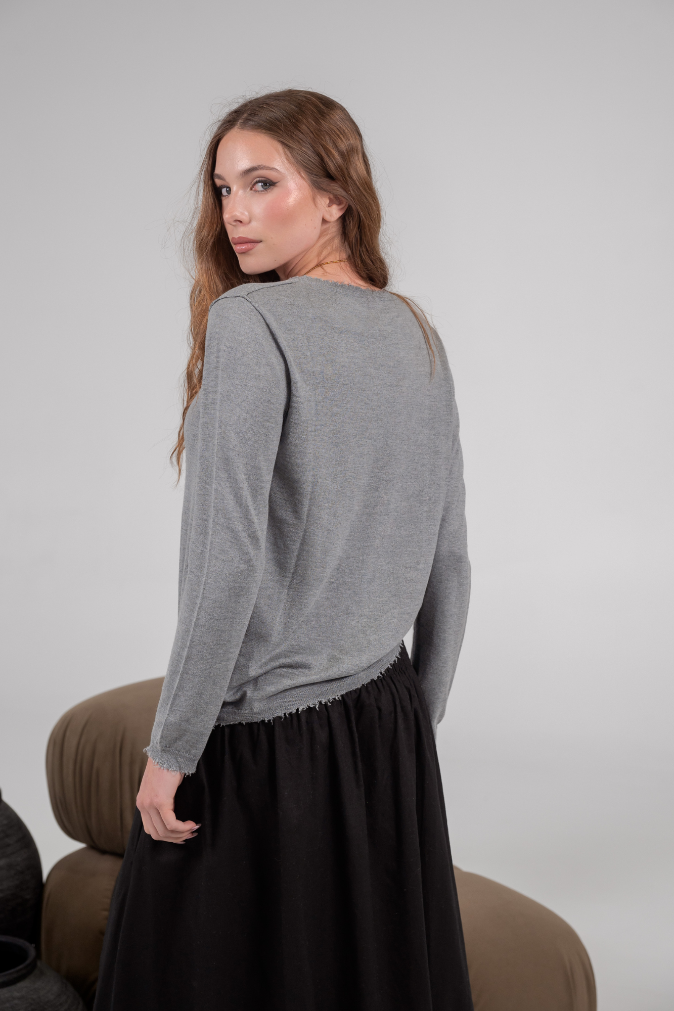 'Bridgette' Mongolian Cashmere Silk Top - Grey