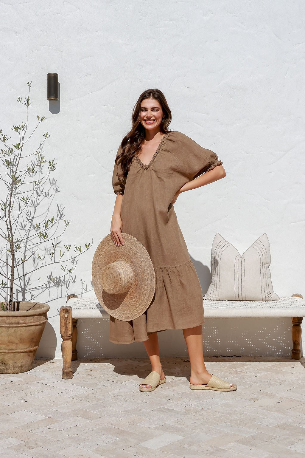 'Jenny' Linen Dress - Olive/Sand/Charcoal