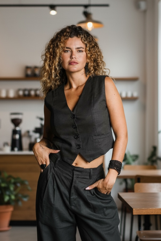 'Dixie' Linen Vest - Charcoal