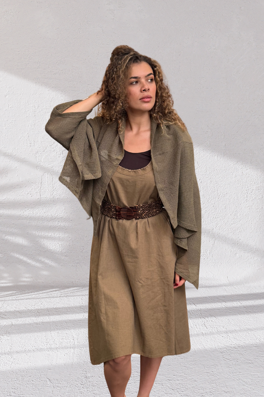 'Dominique' Racer Back Linen Dress - Khaki