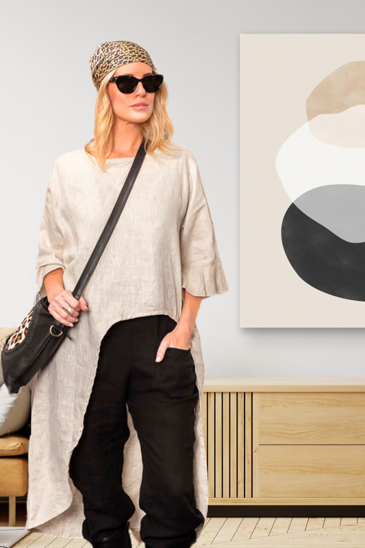 'Florence' Long Sleeve Linen Top - Natural