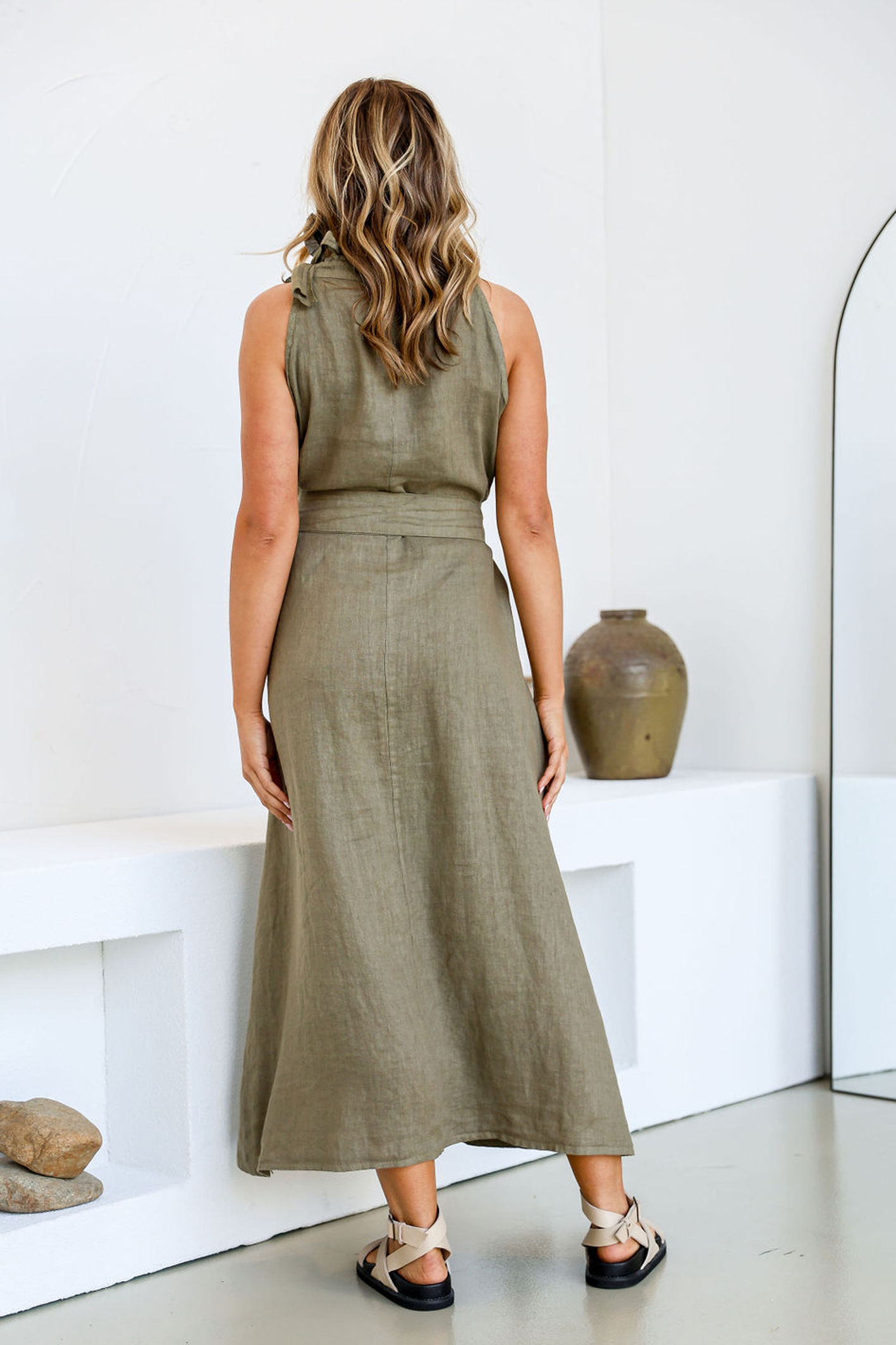 'Holly' Linen Dress - Slate / Sand / White