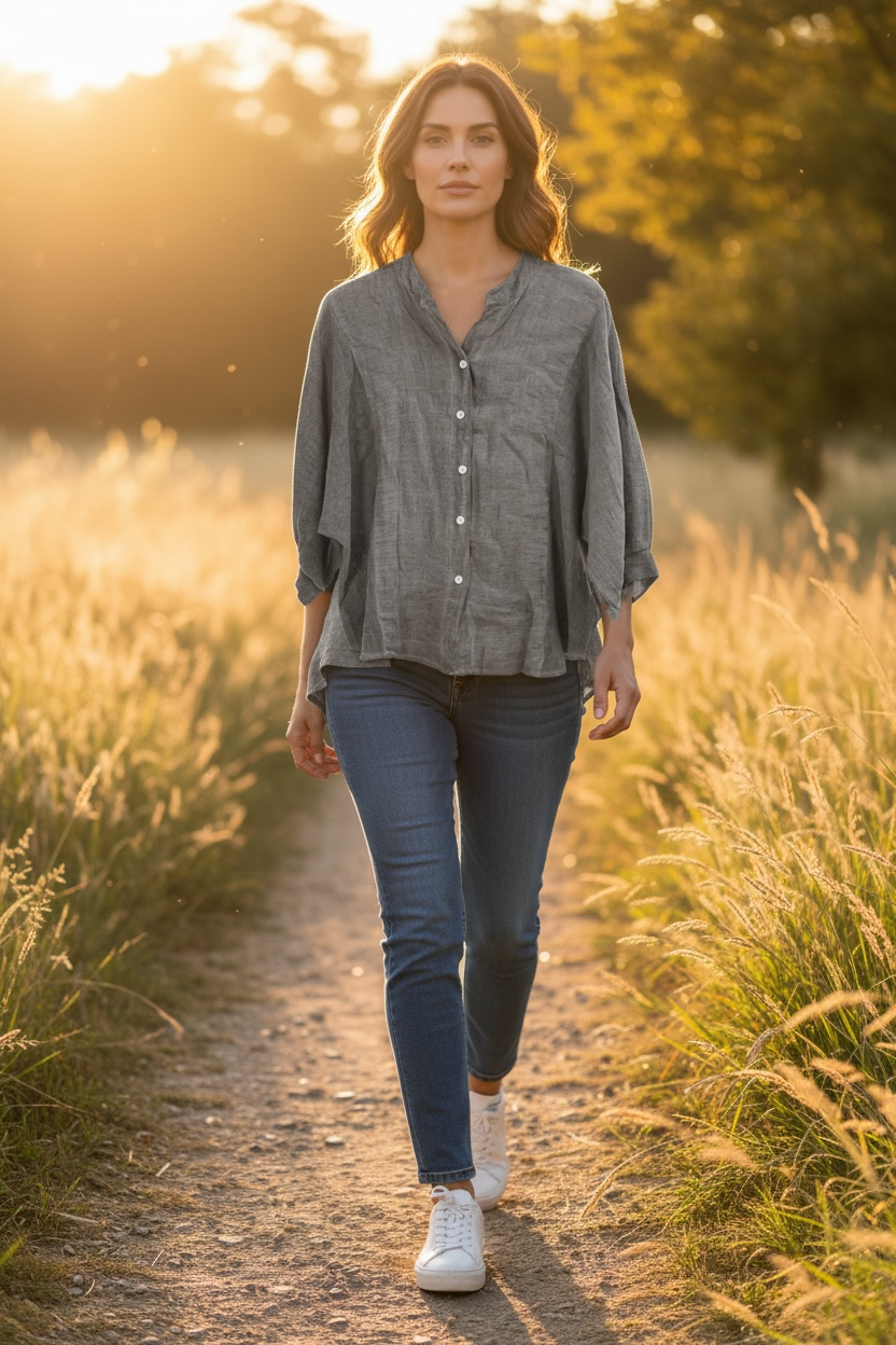 'Sasha' the Wanderer Linen Blouse - Khaki/ Cloudburst