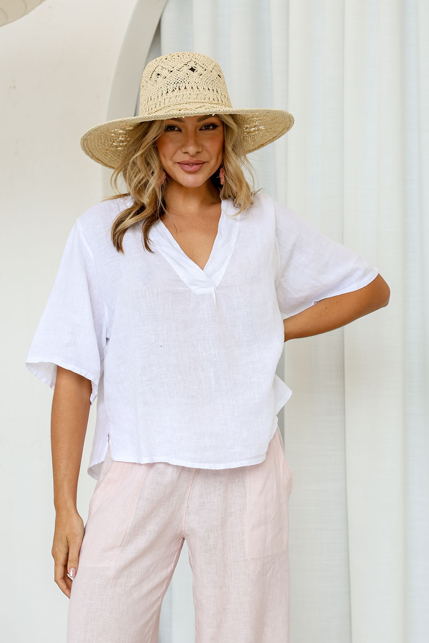 'Soul' Linen Top - White/ Blush