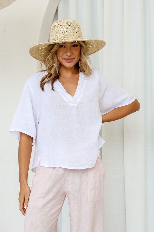 'Soul' Linen Top - White/ Blush