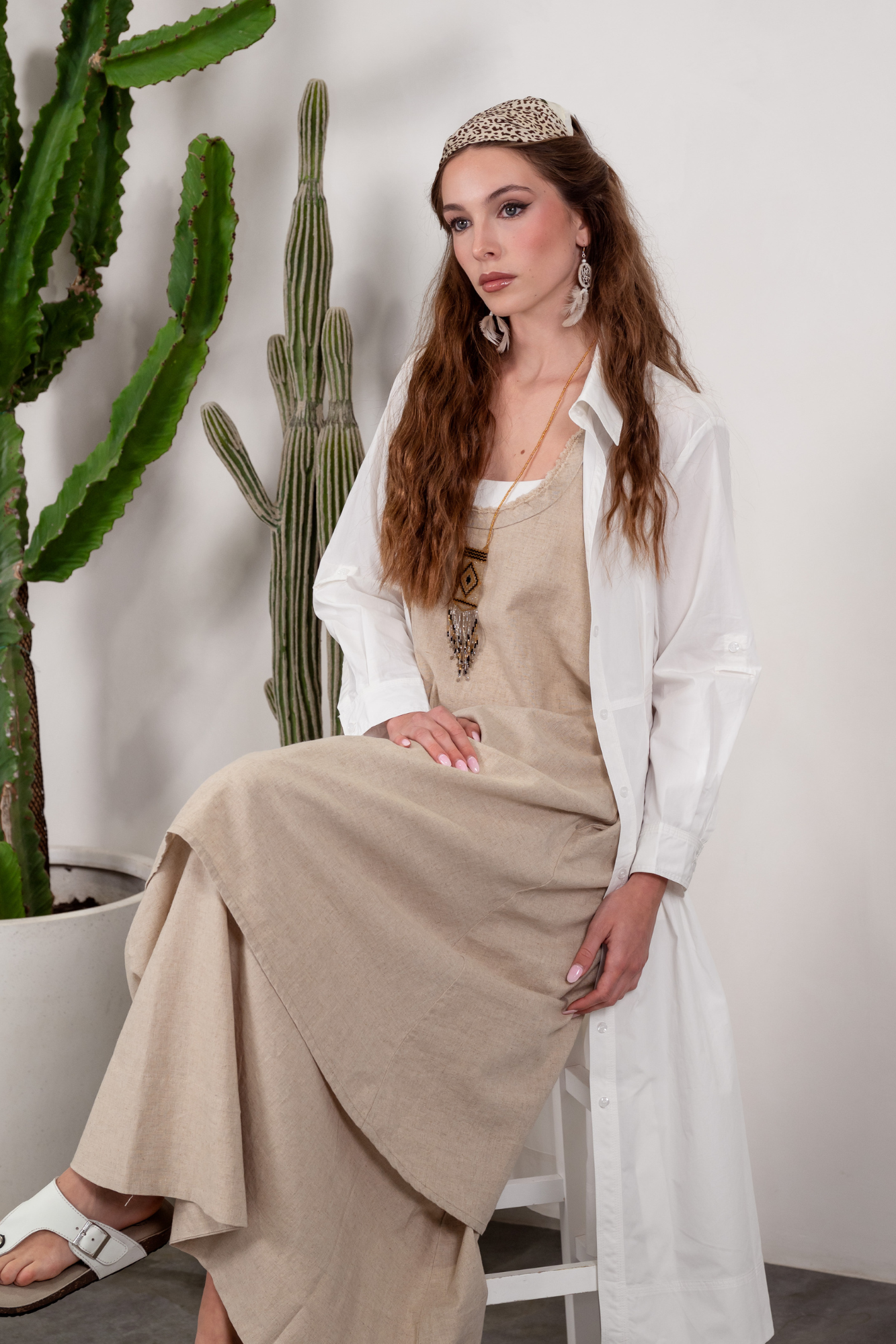 'Dominique' Racer Back Linen Dress - Natural