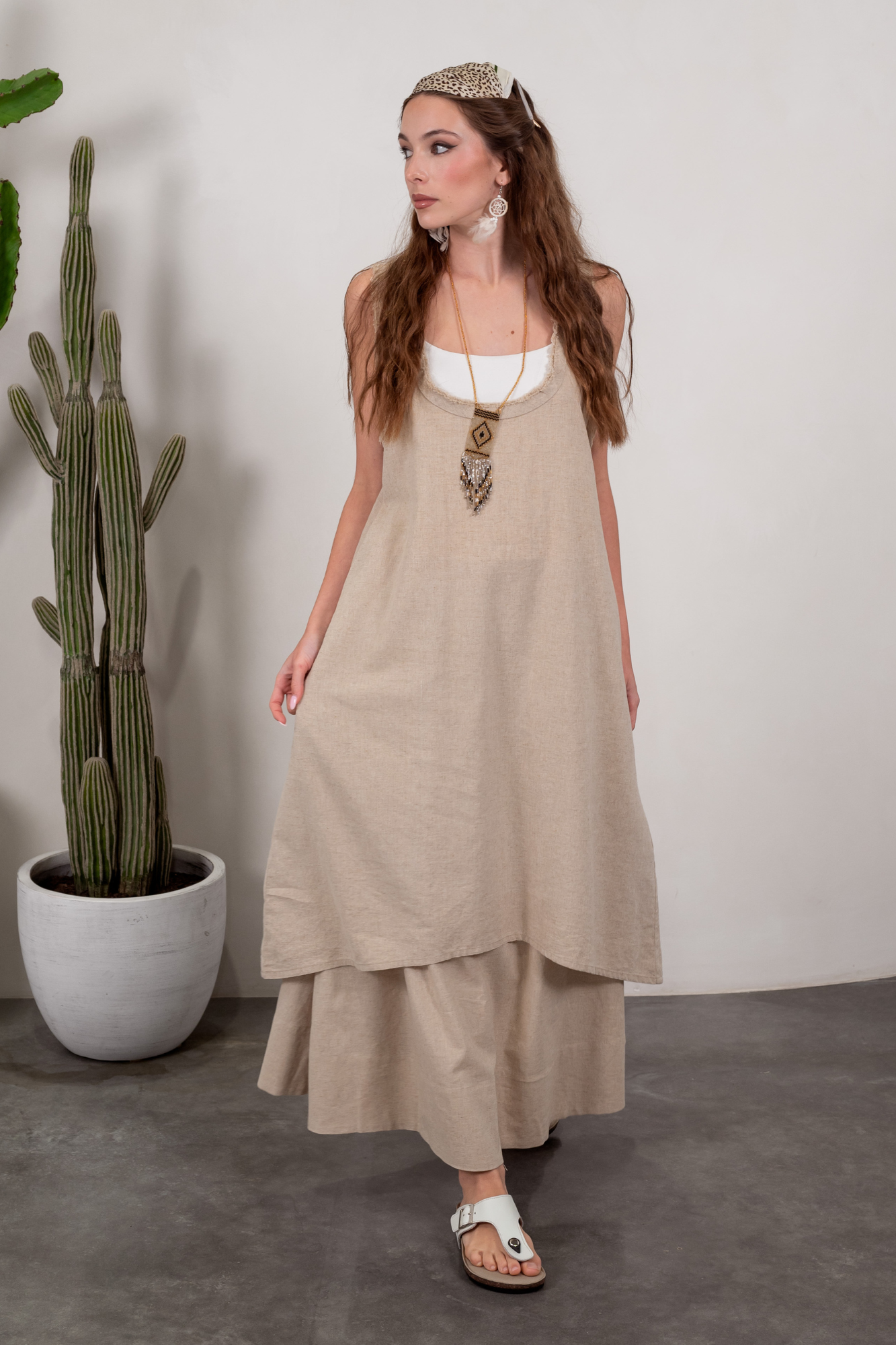 'Dominique' Racer Back Linen Dress - Natural