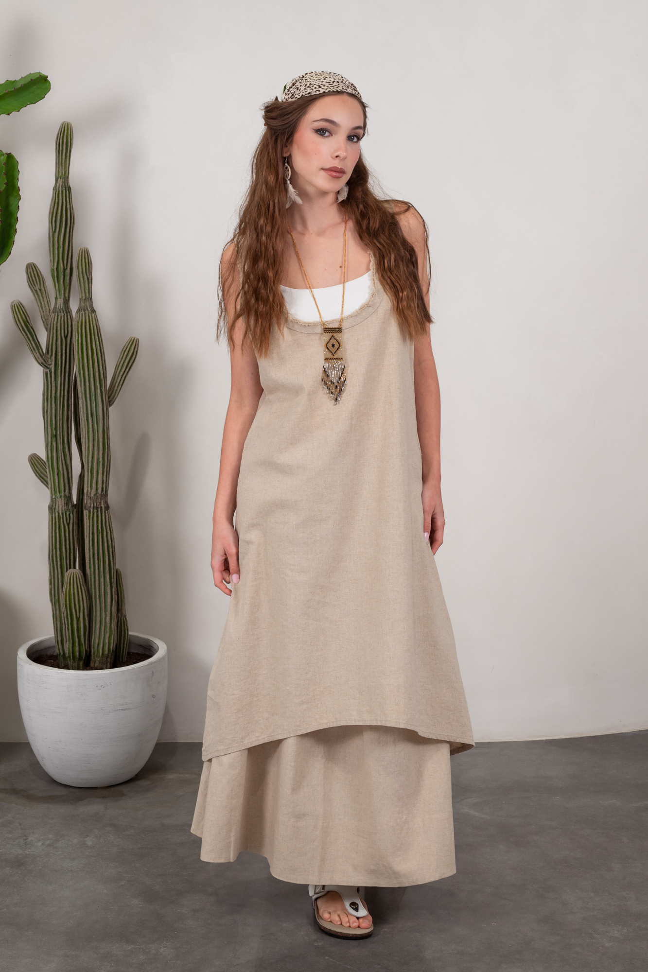 'Dominique' Racer Back Linen Dress - Natural