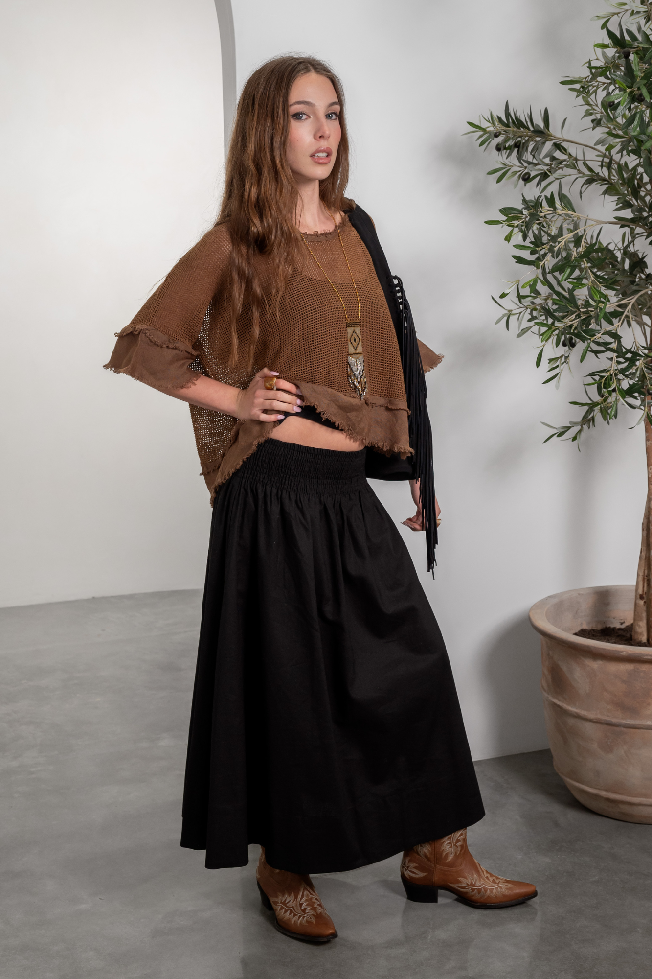 'Dixie' Cotton- Linen Skirt - Sand / Black