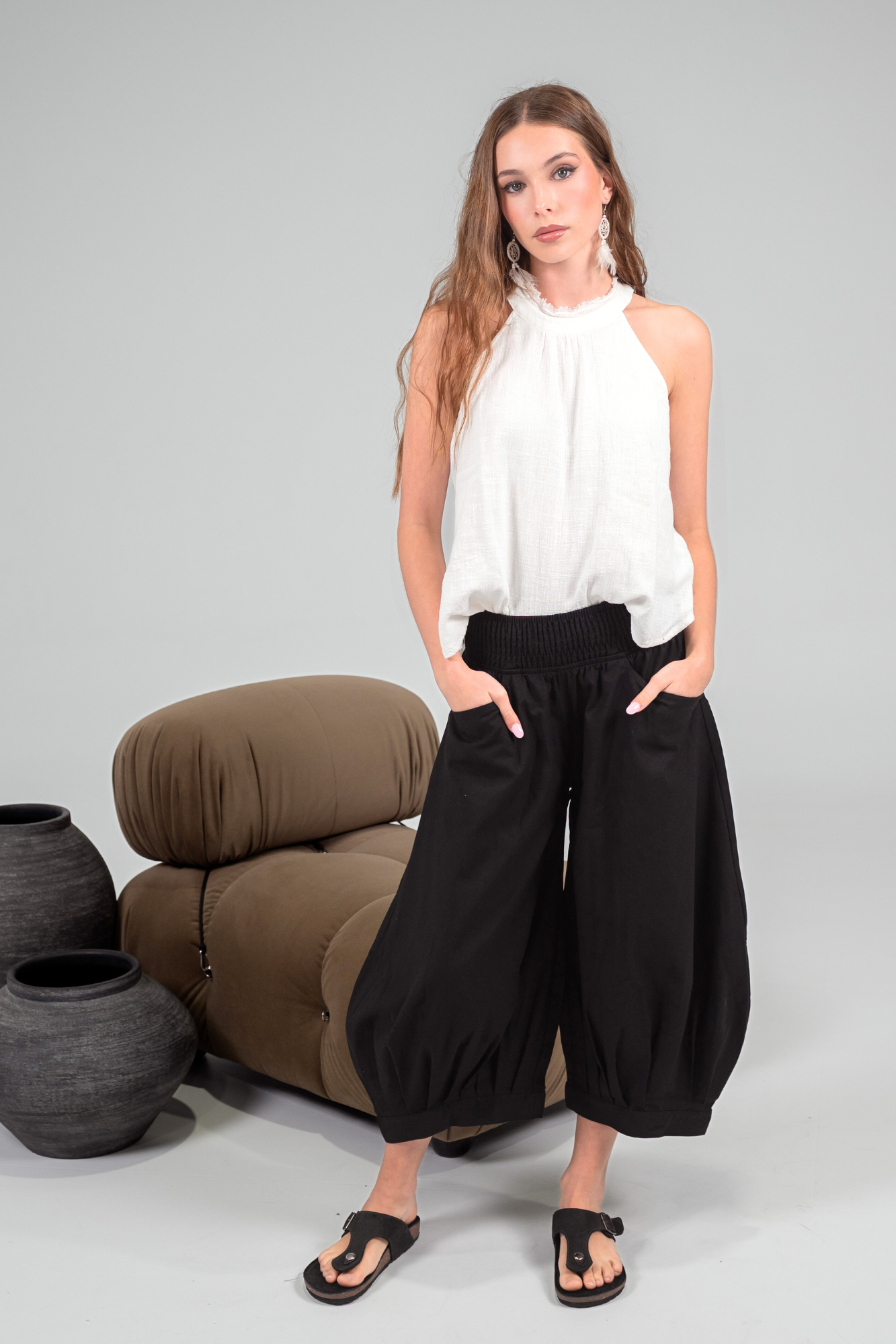'Hannah' Linen / Cotton Pant - Black/Natural