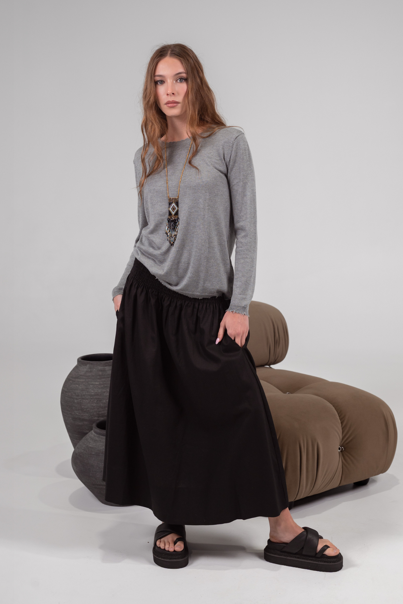 'Dixie' Cotton- Linen Skirt - Sand / Black