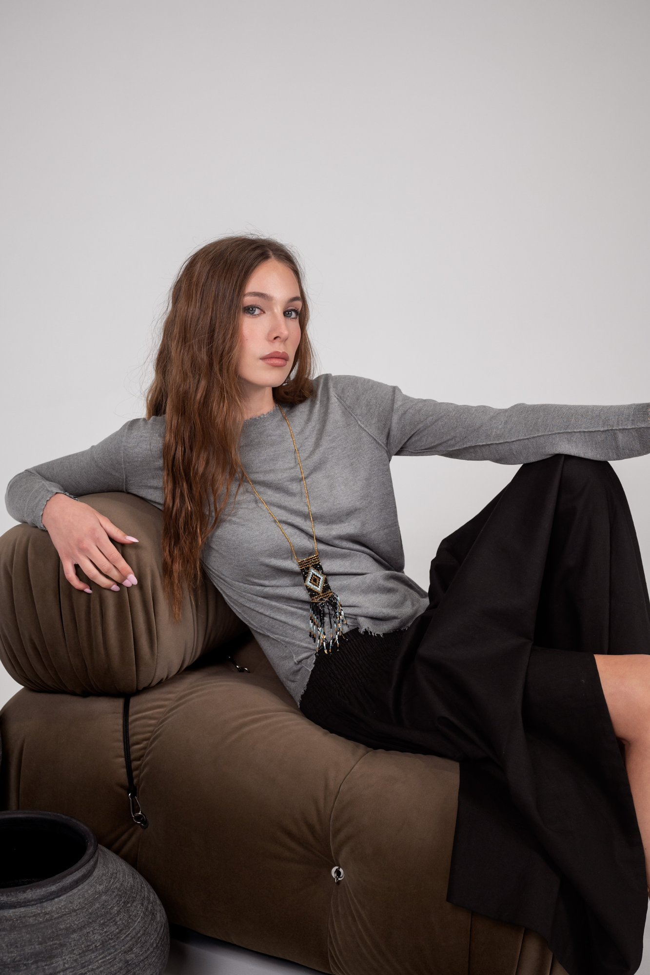 'Dixie' Cotton- Linen Skirt - Sand / Black