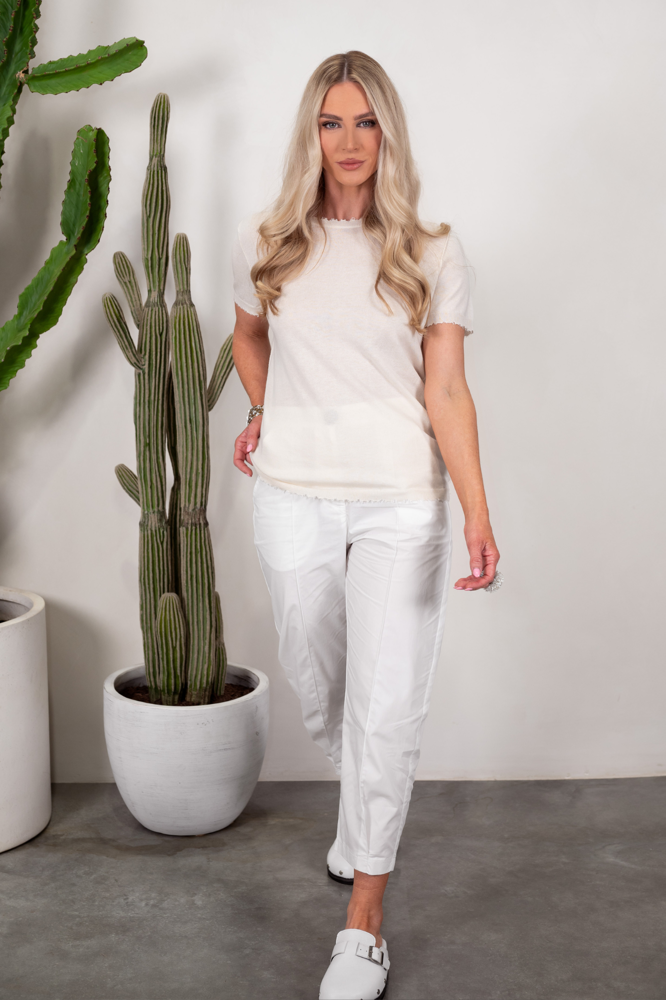 'Bridgette' Mongolian Cashmere Silk Top - Warm White