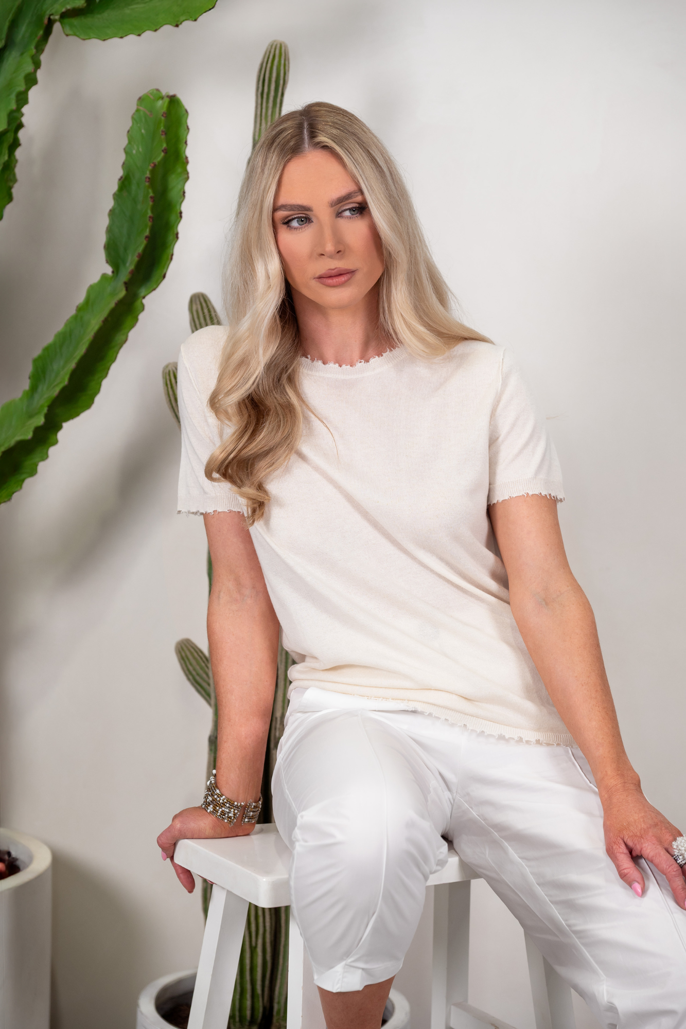 'Bridgette' Mongolian Cashmere Silk Top - Warm White