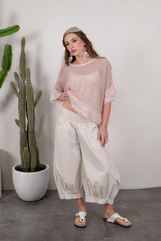 'Isla' Cotton Linen Mesh Top - Blush