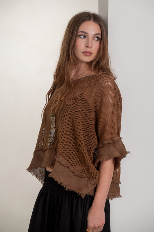 'Isla' Cotton Linen Top - Cocoa